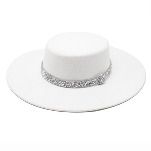 Elegant Boater Hat Wide Brim Flat Top Jazz Fedora With Rhinestone Band Cotton Polyester For Party Travel Unisex