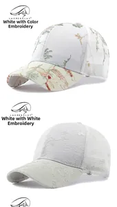 Close-up of intricate floral embroidery and breathable lace fabric on a white baseball cap