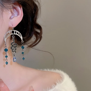 Detailed view of moon-shaped earrings with black snake pendant and blue crystal tassels