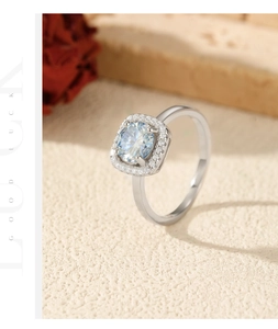 Detailed side view of silver ring with halo design and light blue round cut moissanite