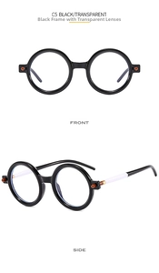Front and side view of round black frame glasses with transparent anti-blue light lenses
