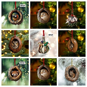 Christmas Tree Hanging Ornaments Acrylic 2D Flat Realistic Animal Owl Raccoon Pendants Holiday Party Home Decor