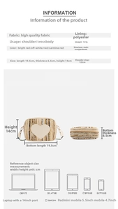 Size chart showing dimensions for the heart rainbow straw camera crossbody bag