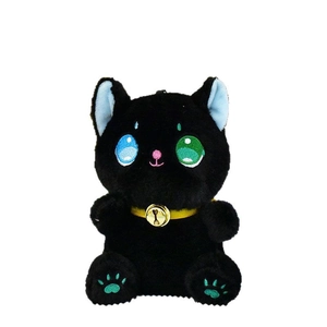 Cute black cat plush keychain with a gold bell and heterochromia blue and green eyes