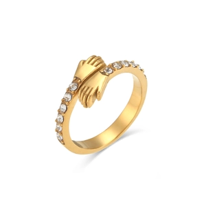Adjustable gold hugging hands ring with zircon stones in polished stainless steel