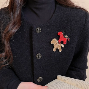Detailansicht der roten und goldfarbenen Kristall-Pferdebroschen an einer Tweedjacke