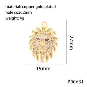Golden lion head pendant with colorful cubic zirconia stones and gold plated copper detail