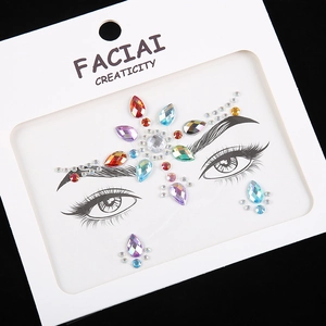 Detailed view of colorful teardrop rhinestones on symmetrical face sticker design