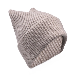 Detail of light coffee cat ear knitted hat showing thick texture and chunky knit pattern