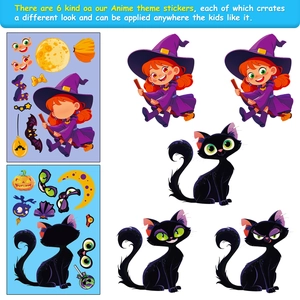 Detail of Halloween DIY witch and black cat stickers showing various mix and match facial features