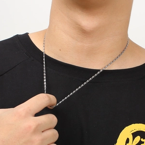 Close-up of a silver stainless steel twist chain necklace worn by a male model