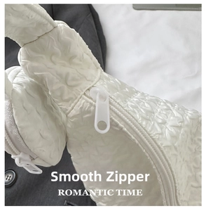 Detail of smooth white nylon zipper on quilted bubble fabric bag with ROMANTIC TIME text