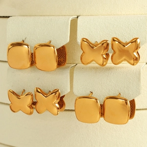 Polished gold stainless steel butterfly and square hoop earrings set for women