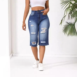 Bermuda En Jean Femme Taille Haute Déchiré Longueur Genou Jean Extensible Délavé Été Décontracté