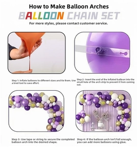 Step-by-step assembly guide for a purple and gold latex balloon garland arch kit