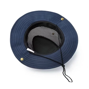 Detail of dark blue sun hat featuring breathable black mesh lining and adjustable chin strap