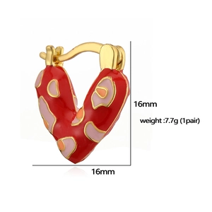 Colorful enamel heart V-shape hoop earrings with pink and orange patterns, size 16mm