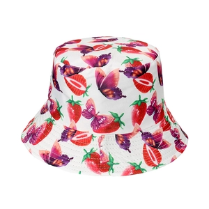 White bucket hat with red strawberry and purple butterfly patterns for summer