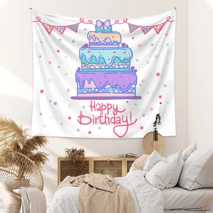 Close-up of bohemian birthday wall tapestry with cake illustration and Happy Birthday text