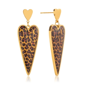 Vintage leopard print heart drop earrings in gold stainless steel on white backdrop