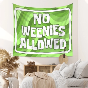 Detail of the NO WEENIES ALLOWED tapestry hanging in a cozy bedroom with modern decor