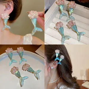 Mermaid Tail Earrings And Hair Clips With 925 Sterling Silver Earring Post Iridescent Resin Sweet Fairy For Women