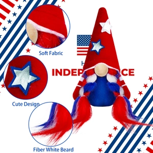 Detail shots of US Independence Day gnome showing soft fabric, cute design, and fiber beard