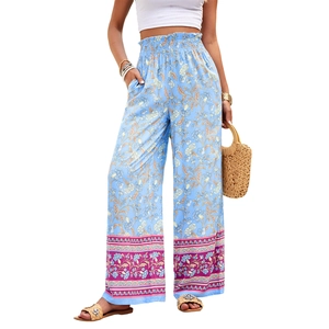 Pantalon large bohème pour femme à imprimé floral bleu avec taille haute élastique et poches