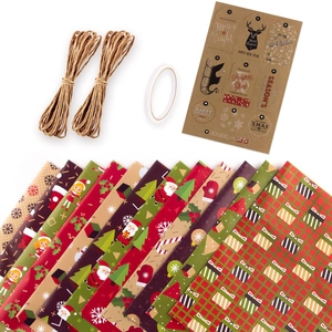 Kerstcadeaupapierset met Kerstmanpatronen, henneptouw, tape en kraftpapier labels