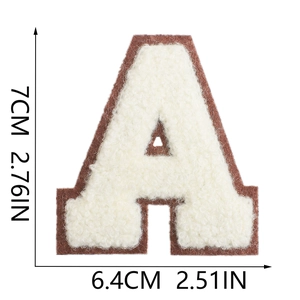 Detailed view of 7cm chenille letter A patch in cream and brown with size measurements