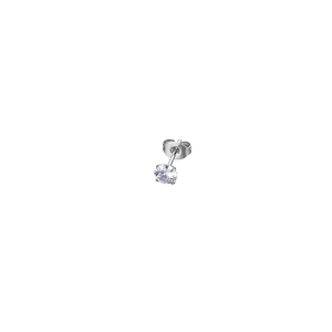 Macro shot of single round-cut cubic zirconia stud earring with silver titanium steel setting