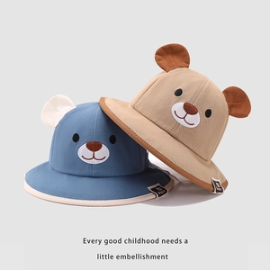 Cute children's cotton bucket hats with bear ears in blue and khaki for sun protection