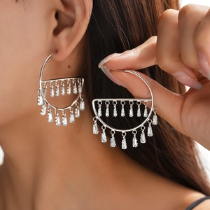 Silver geometric hollow hoop earrings with dangling zircon crystal tassels for women
