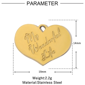 Detail of heart pendant with 'My Wonderful Life' engraving and size specifications