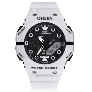Black and white dual display sports watch with silicone strap and 50m water resistance