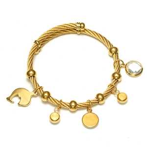 Detailed macro view of 18K gold-plated cable wire bracelet with dolphin and crystal charms