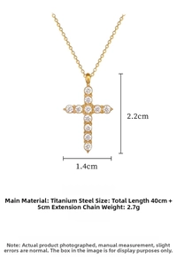 Detailed size specifications for gold titanium steel cross pendant necklace with zircon stones