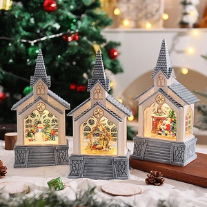 Three white Christmas church lanterns with Santa, Snowman and Nativity scenes