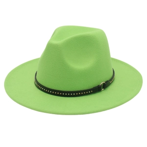 Detail of neon green fedora hat featuring black leather band with metallic rivet studs