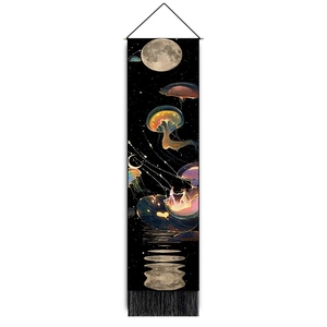Detailed vertical wall tapestry featuring glowing jellyfish and moon on black fabric