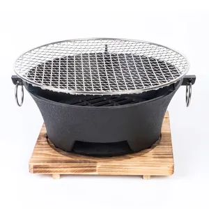 Japanese style portable cast iron charcoal grill with stainless mesh and wooden base