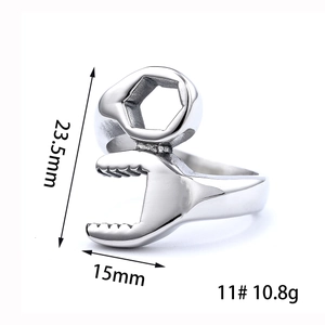 Vintage stainless steel wrench shaped ring for men and women with polished metallic finish