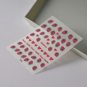 3D embossed raspberry nail stickers with heart patterns and artistic lettering