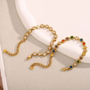 Detail of 18K gold-plated bracelets with colorful and white circular zircon stones
