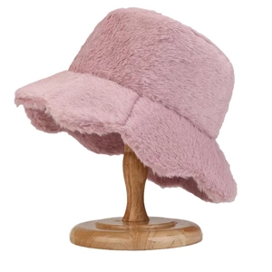 Plush pink faux rabbit fur bucket hat for women with warm and soft winter texture