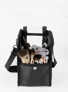 Detail of black makeup brush bag with clear PVC window showing large 80 brush capacity