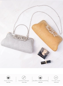 Macro shot of luxury evening clutch bags with sparkling rhinestones and metal leaf clasp