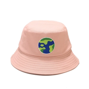 Pink cotton bucket hat with Earth embroidery, adjustable outdoor sun protection hat