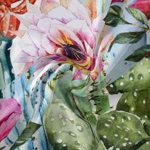 Detail of digital printed fabric showing vibrant watercolor flower and cactus patterns