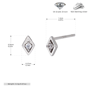 Detail view of small 925 sterling silver geometric rhombus stud earrings with 5A zircon stone